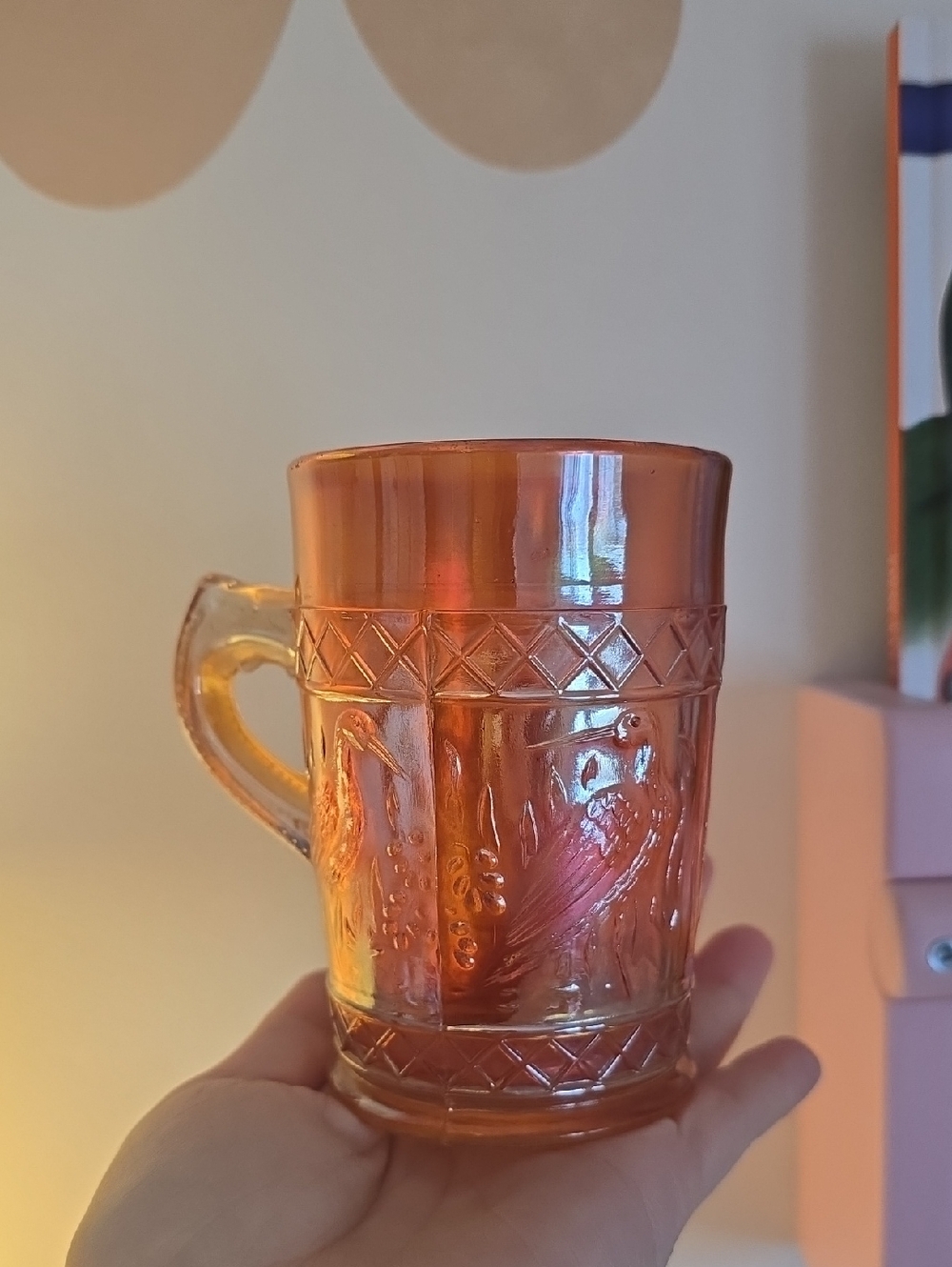 Vintage Marigold Lattice Stork & Rushes Carnival Glass